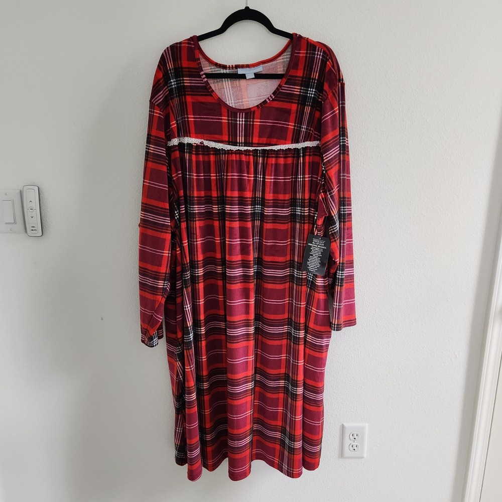 Womens Red Plaid Long Sleeve Nightgown Lace Trim Plus Size‎ 3X 30/32 NWT